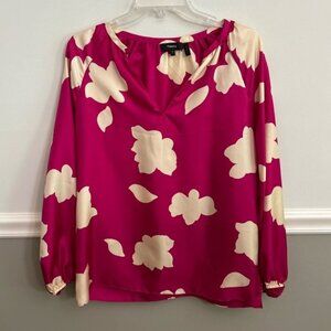 Theory Dark Pink Magenta Open V-Neck Top in Petal Print Silk Size Small